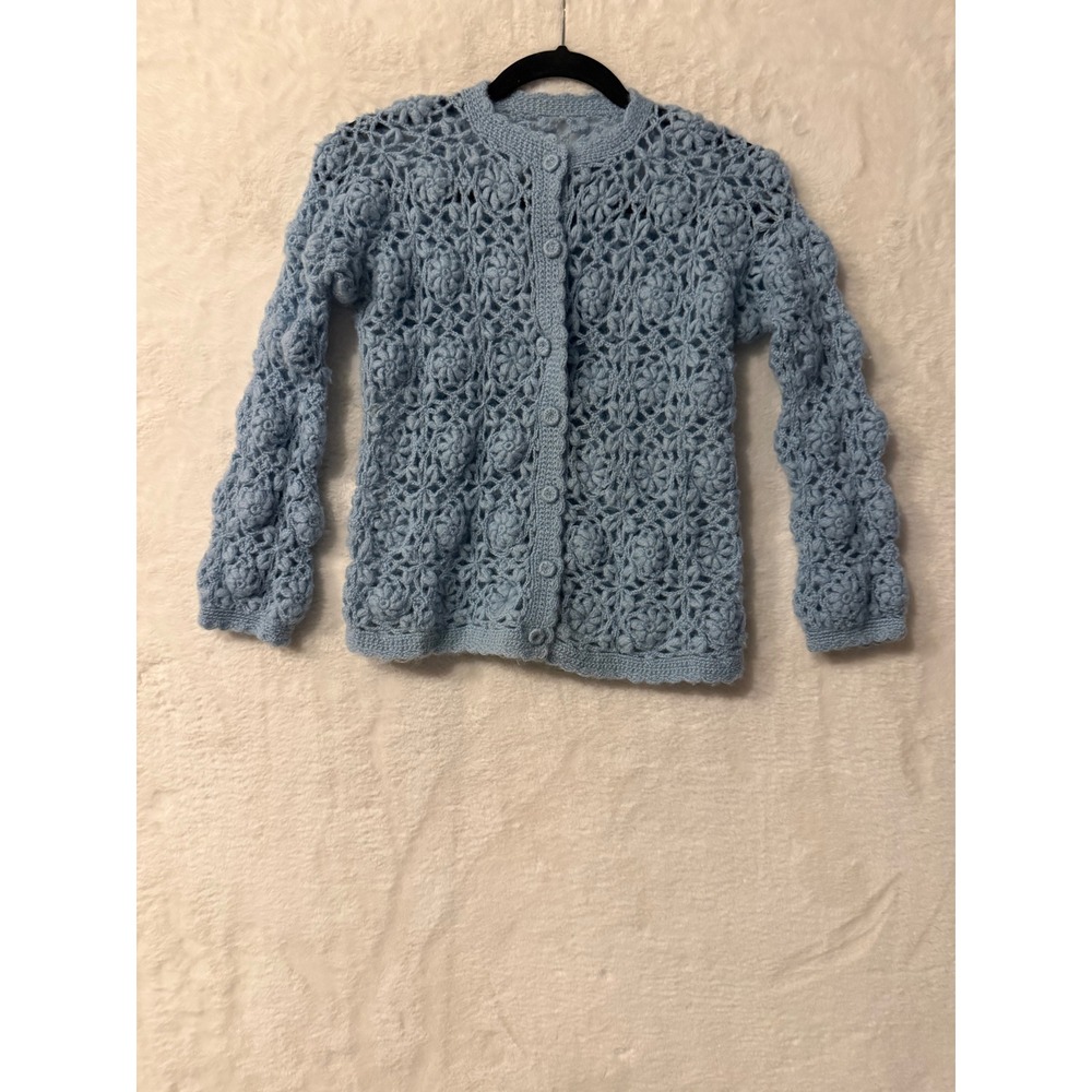 Vintage Handmade Crochet Cardigan Sweater Blue Floral Popcorn  Cottagecore XS‎